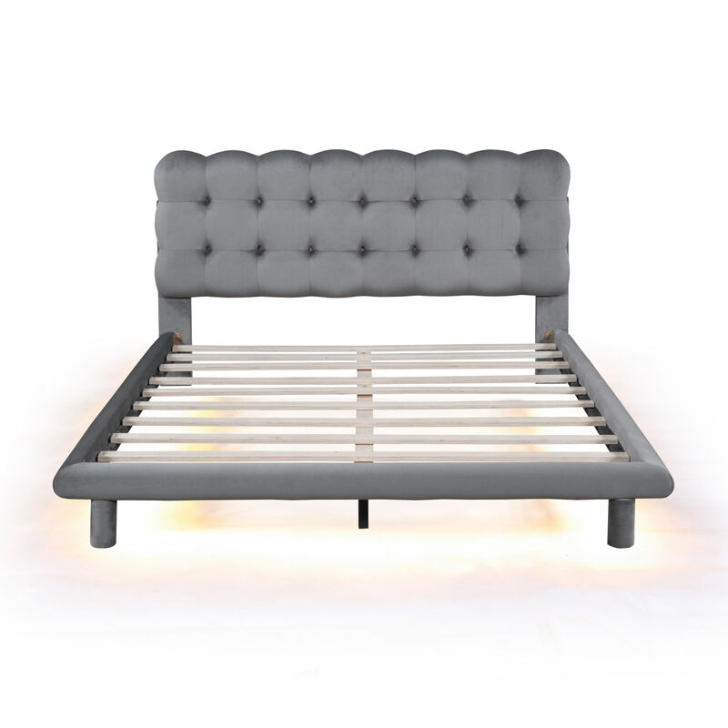 Gray Velvet Platform Bed with LED Frame