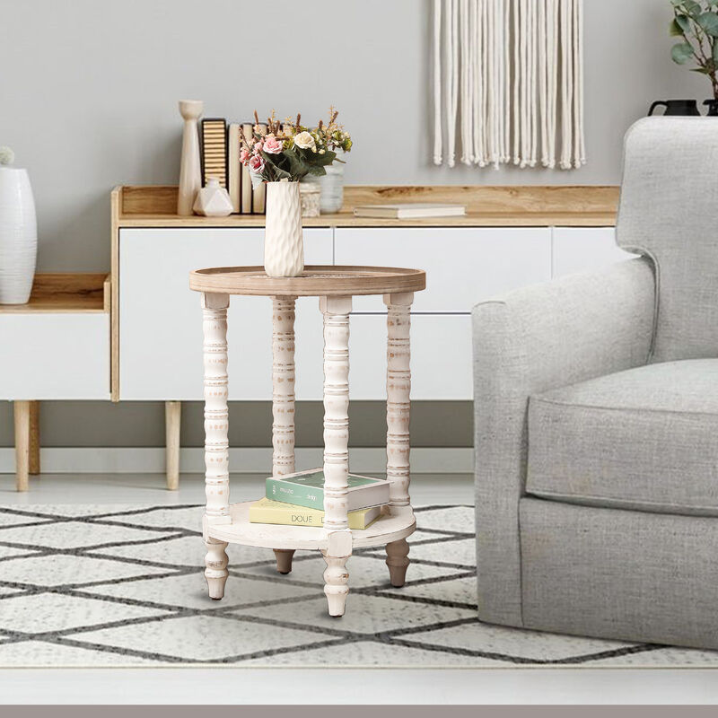 LuxenHome White and Natural Wood Round Accent Side Table with Storage