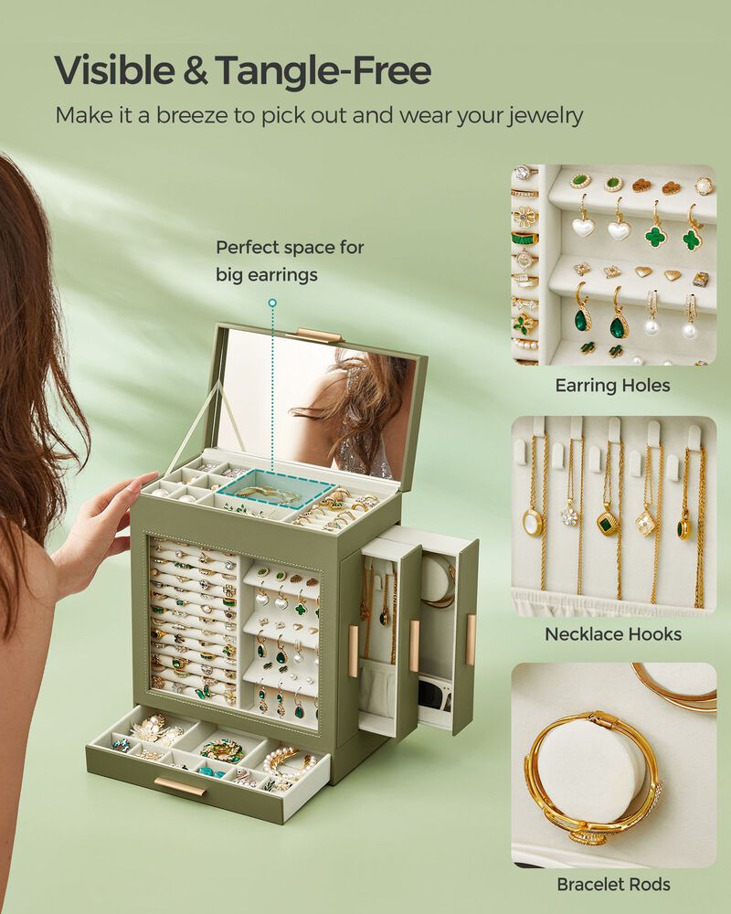 Elegant 5-Layer Jewelry Box with Glass Window, Vertical Storage Space, and Large Mirror