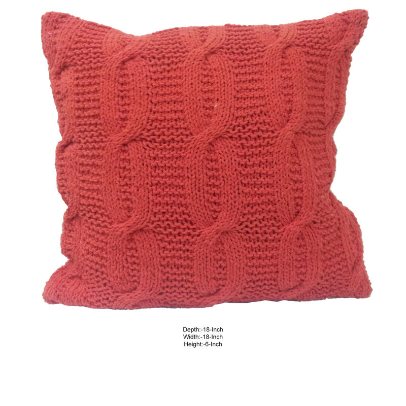 18 X 18 Inch Cotton Cable Knit Pillow with Twisted Details, Orange-Benzara