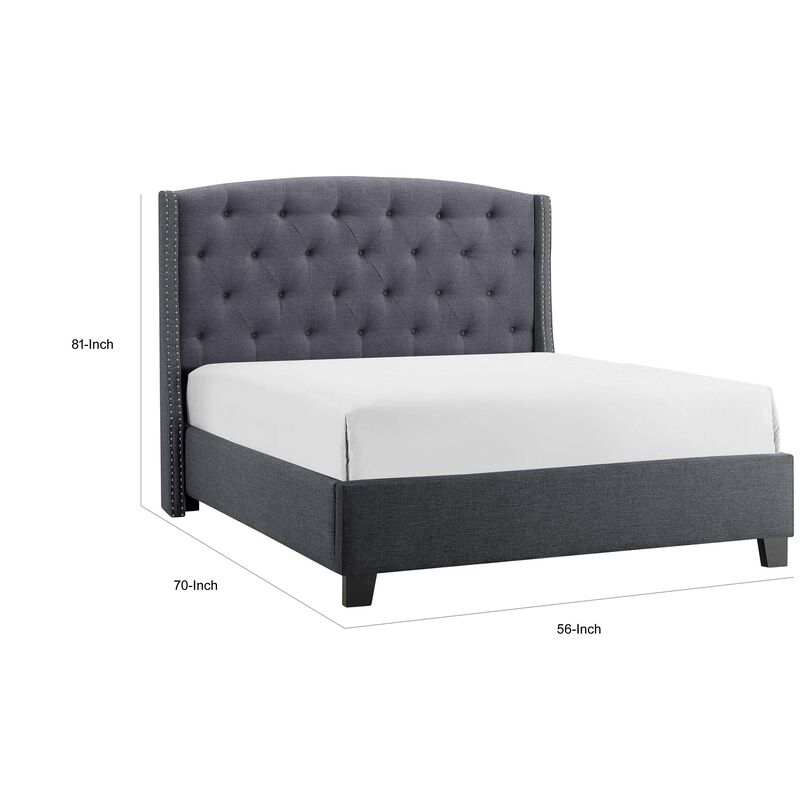 Elle Queen Size Bed, Low Profile, Gray Button Tufted Upholstered Headboard - Benzara