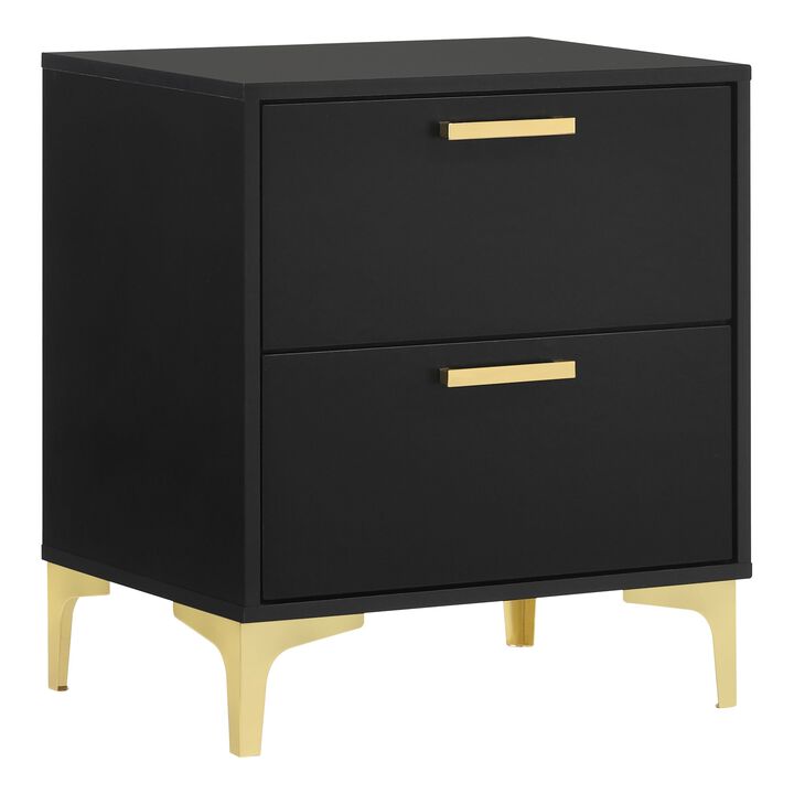 Lif 25 Inch Modern 2 Drawer Nightstand, Gold Metal Accents, Jet Black -Benzara