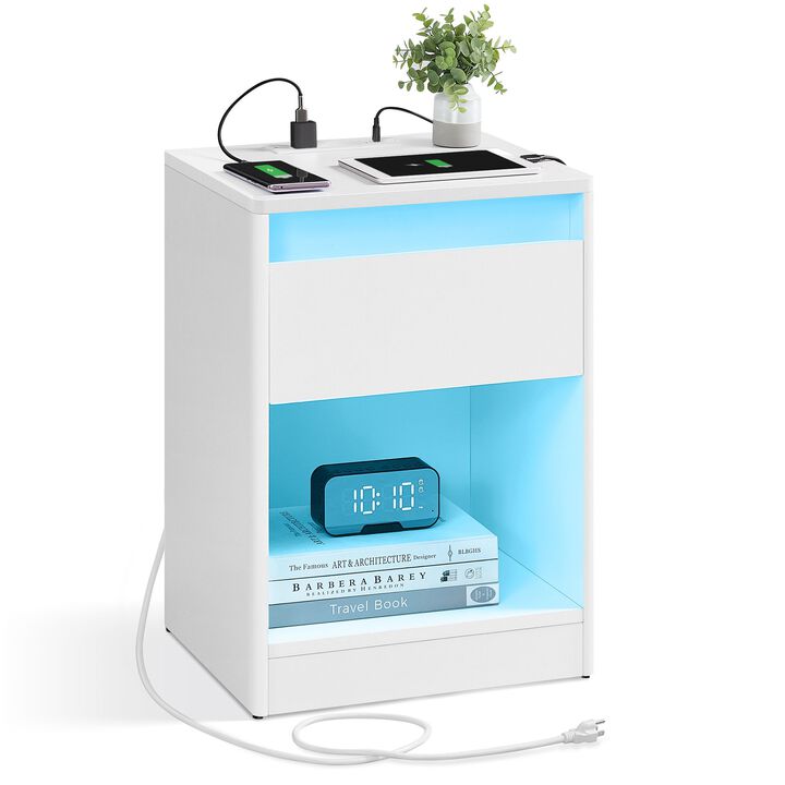 Nightstand with Charging Station and LED Light for Convenient Bedroom Essentials
