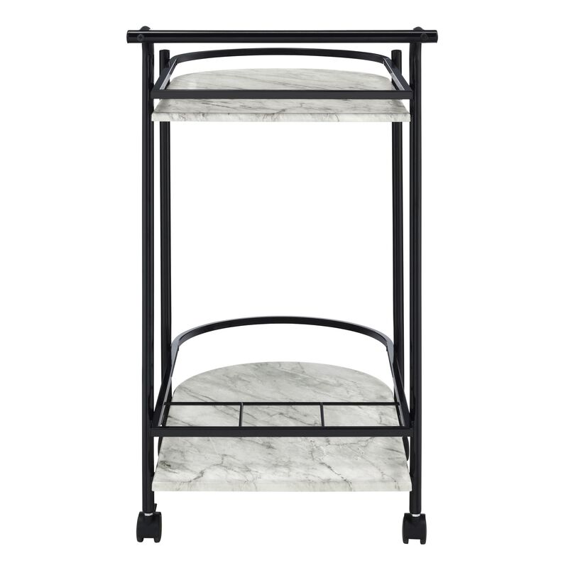 Rhea 32 Inch Bar Cart Trolley, U Shaped Tray, Faux Marble Shelves, Black-Benzara