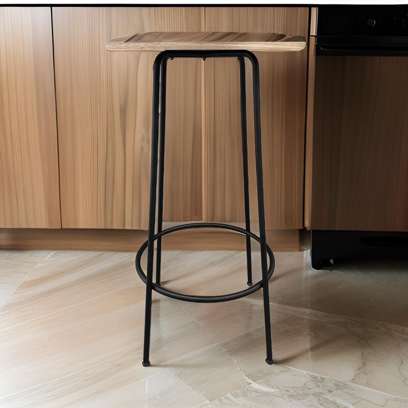 Neni 42 Inch Bar Table, Round Natural Brown Wood Top, Modern Black Metal - Benzara