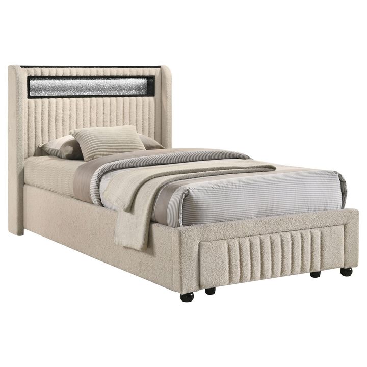 Madie Twin Platform Bed, LED and Storage, Cream Channel Tufted Boucle - Benzara