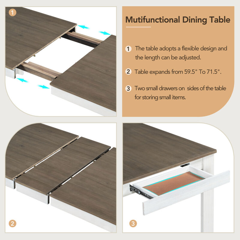 7-Piece Wooden Dining Table Set Mutifunctional Extendable Table With 12" Leaf And 2 Drawers