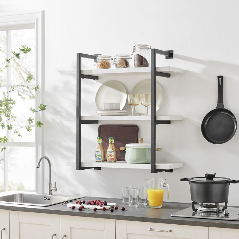 Modern 3-Tier Hanging Bracket Wall Shelves in Black Metal and White Birch Finish