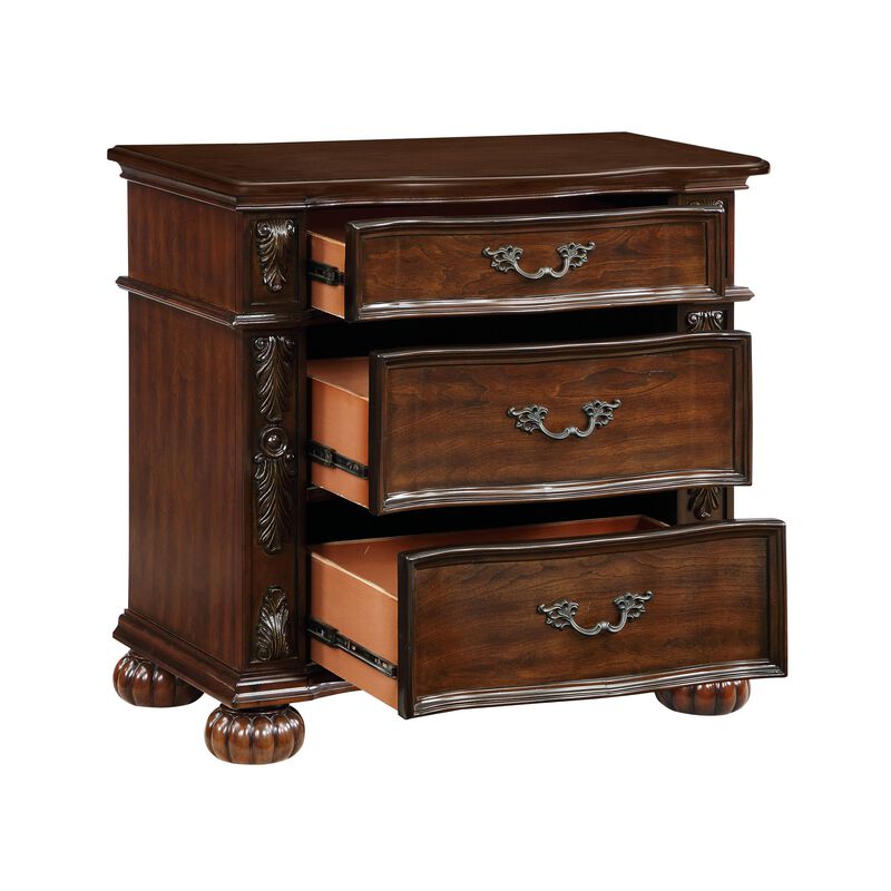 Nami 32 Inch Nightstand, 3 Drawers, Leaf Carvings, Cherry Brown Solid Wood - Benzara