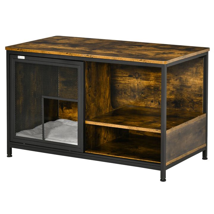 Rustic Brown Pet House: Cat Kennel End Table with Sliding Doors