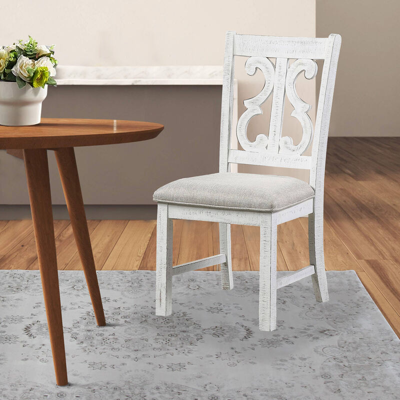 Neci 23 Inch Wood Dining Chair, Set of 2, Carved Back, Padded Seat, White -Benzara