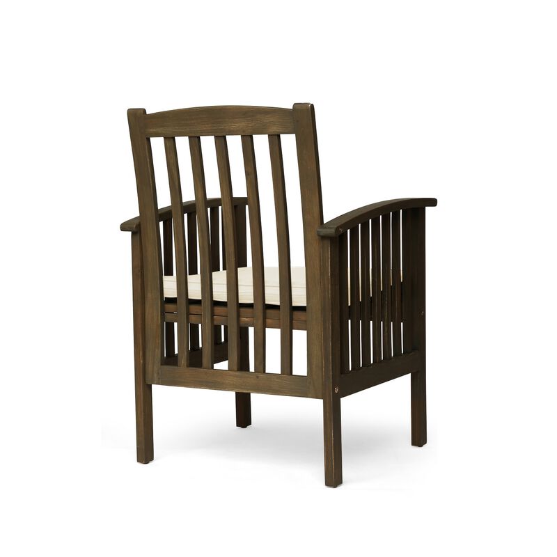 Gerry Dining Chair, Outdoor Traditional Slatted Gray Acacia Wood, Cream - Benzara