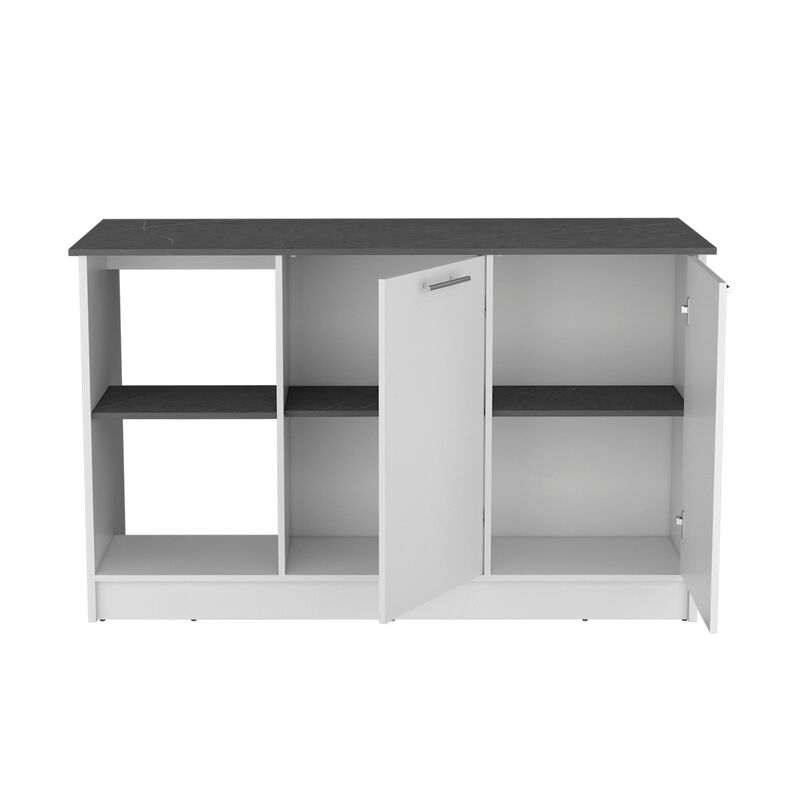 Coral Kitchen Island with Large Countertop, Open Storage Shelves and Double Door Cabinet, White / Onyx -Kitchen