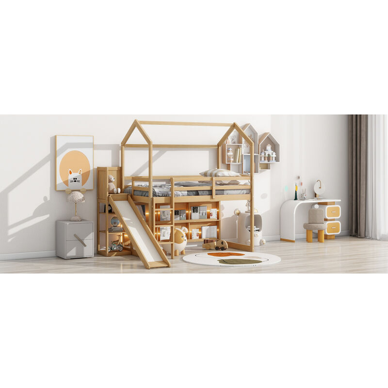 Twin Size Wood House Loft Bed With Slide, Storage Shelves And Light, Climbing Ramp