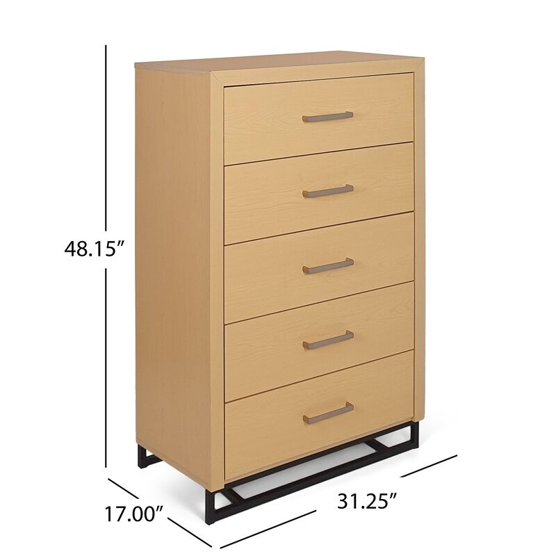 Tall Dresser Chest with 5 Drawers, Black Iron Base, Natural Brown Wood - Benzara