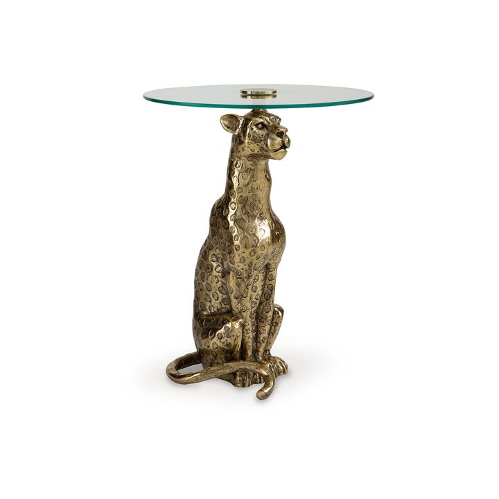 Accent Table, Gold Cast Metal Leopard Design, 18 Inch Glass Round Top - Benzara