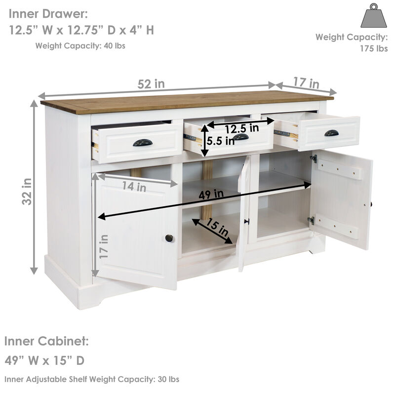 Sunnydaze Solid Pine Sideboard with 3 Drawers and 3 Doors - White - 32 in