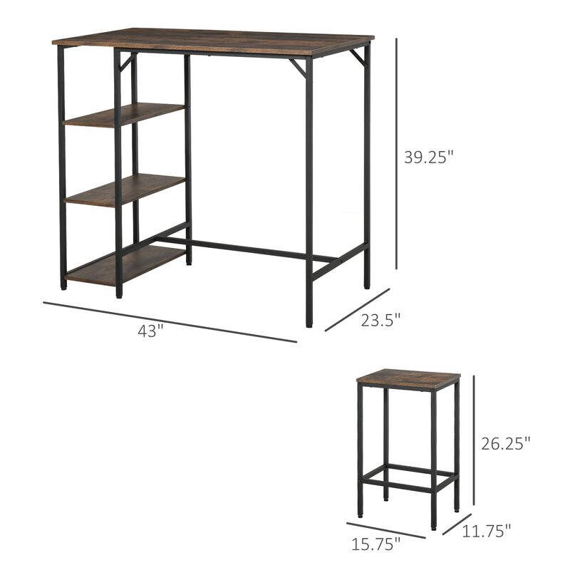 Rustic Bar Dining: 3-Piece Set with Brown/Black Table and Storage Stools