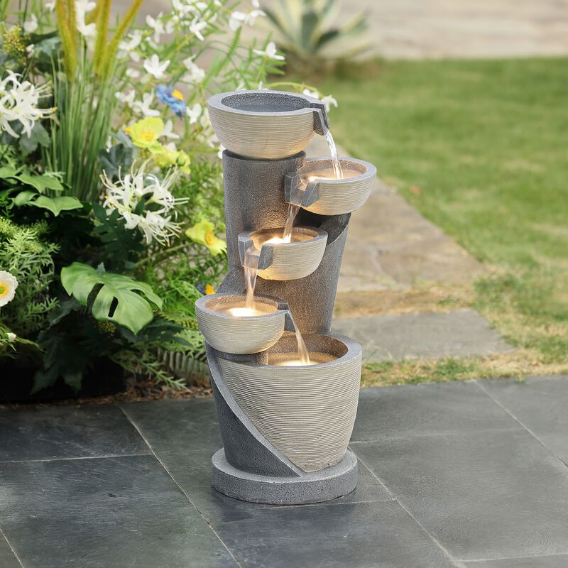 LuxenHome Gray Cascading Bowls and Column Resin Outdoor Fountain with LED Lights