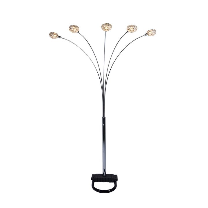 Arya 94 Inch 5 Light Arc Floor Lamp, Crystal Accents, Modern Style, Chrome-Benzara