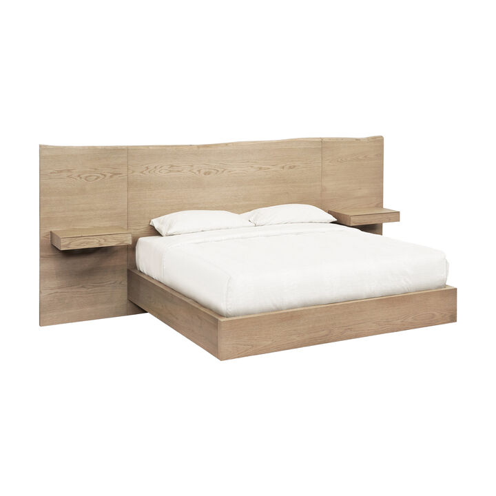 Aziel Queen Size Bed, Live Edge Headboard, Floating Side Shelves, Brown  - Benzara