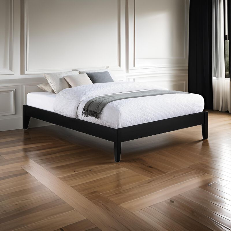 Cavi Queen Platform Bed Frame, Low Profile Tapered Legs, Black Wood - Benzara