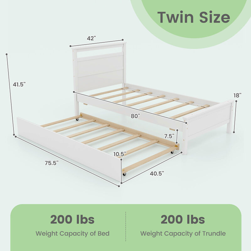 Twin Size Wooden Bed Frame with Trundle for Teens and Adults