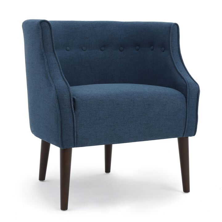 Accent Club Chair, Curved Barrel Back, Button Tufted, Navy Blue Fabric - Benzara