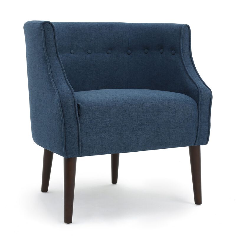 Accent Club Chair, Curved Barrel Back, Button Tufted, Navy Blue Fabric - Benzara