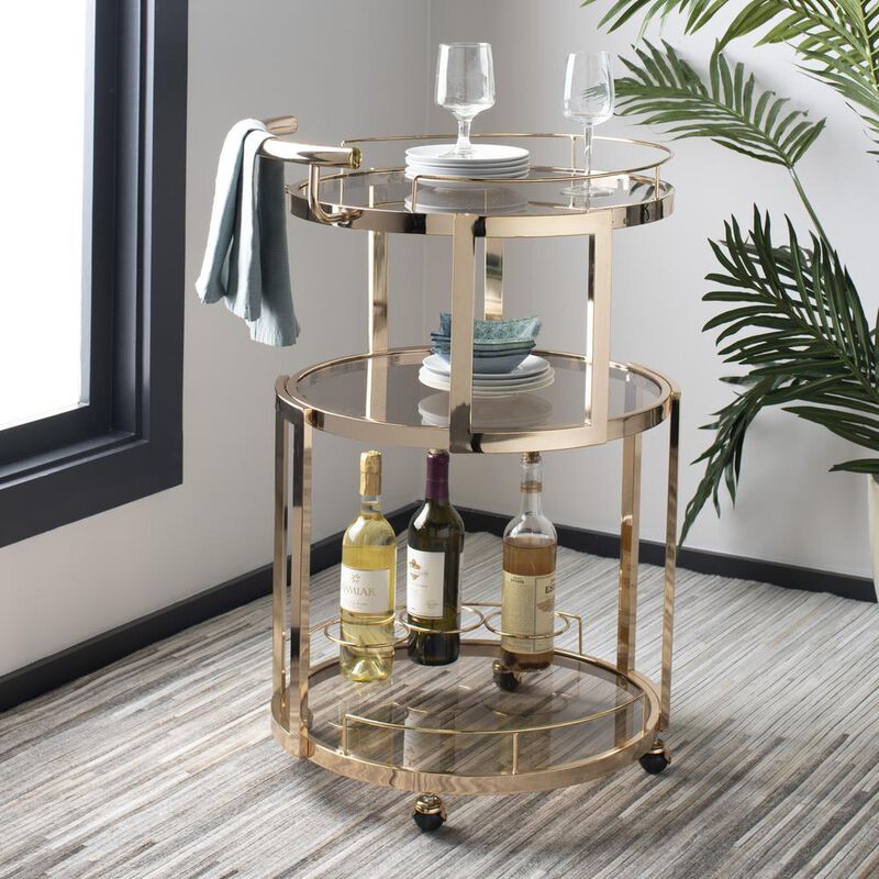 Safavieh Rio 3 Tier Round Bar Cart And Wine Rack, Gold/Tinted Glass