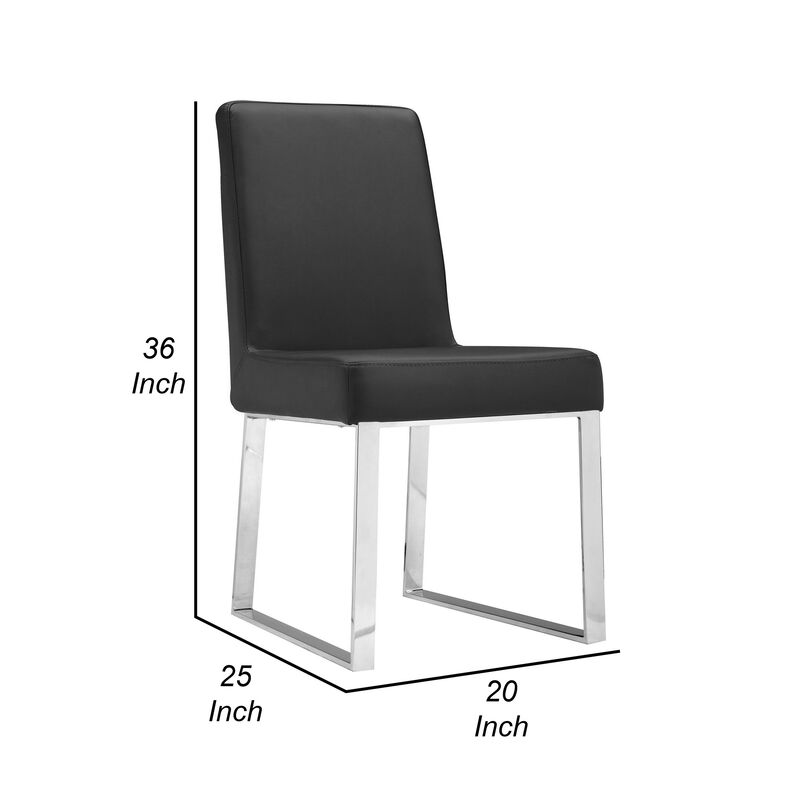 Ien 25 Inch Dining Chair Set of 2, Armless, Black Faux Leather, Chrome - Benzara