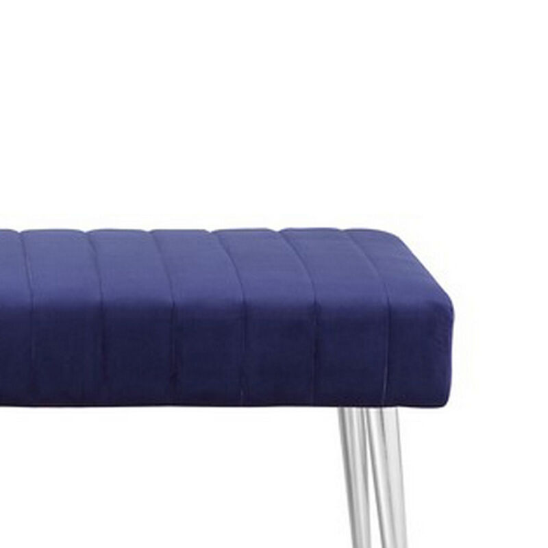 Lida 45 Inch Bench, Modern Tufted Lines, Blue Soft Velvet, Chrome Metal - Benzara