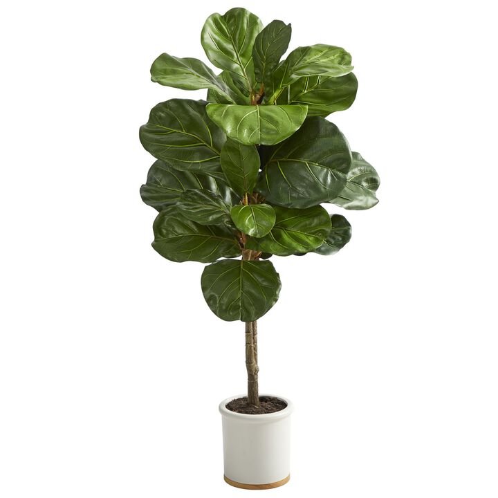 Hivvago 3.5 Feet Fiddle Leaf Artificial Tree in White Ceramic Planter
