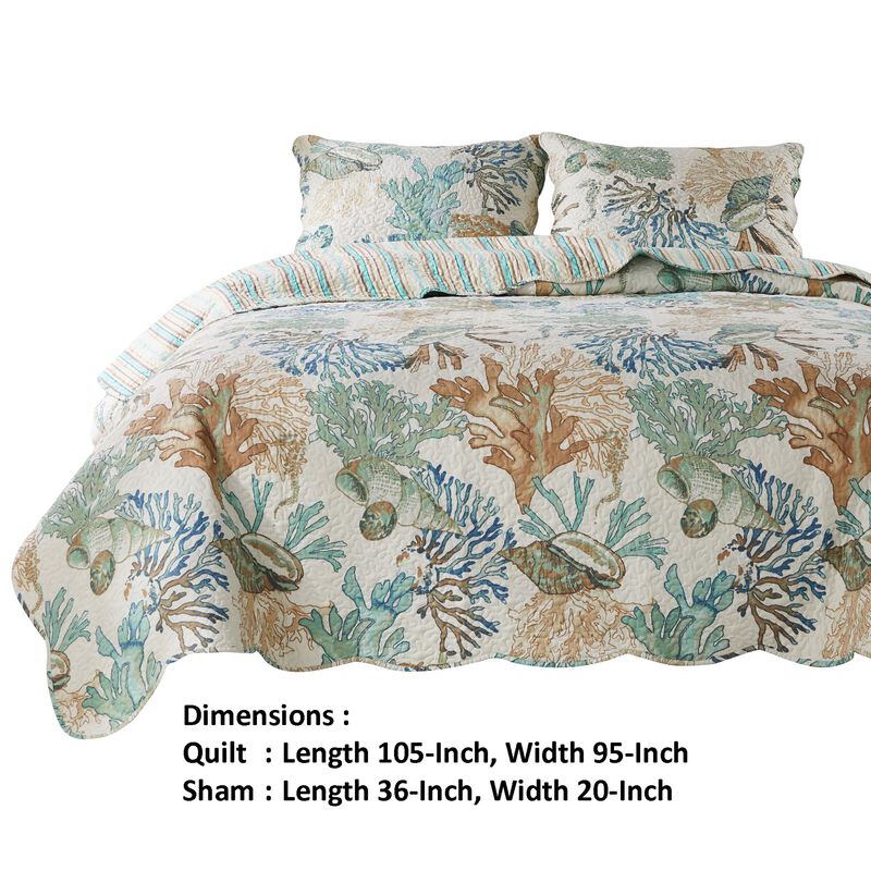 Wade 3pc King Size Quilt Set, Sham, Jade Blue Coastal Microfiber Cotton