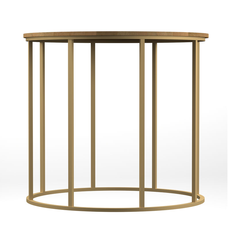 19 Inch Side End Table, O Round Shape Natural Mango Wood Top, Brass Powder Coated Open Frame