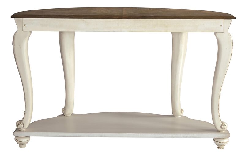 Crescent Moon Wooden Sofa Table with Engraved Details, Brown and White-Benzara