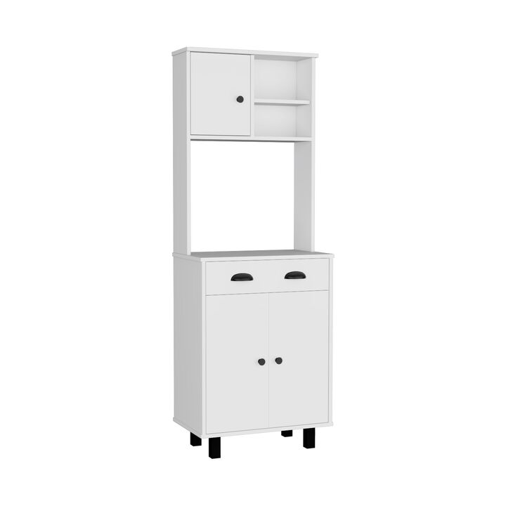Kitchen Pantry 67" H, Two Cabinets, Three Doors, Two Open Shelves, One Drawer, Microwave Storage Option, White