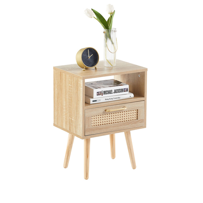 Rattan End table with drawer and solid wood legs, Modern nightstand, side table for living roon, bedroom,natural
