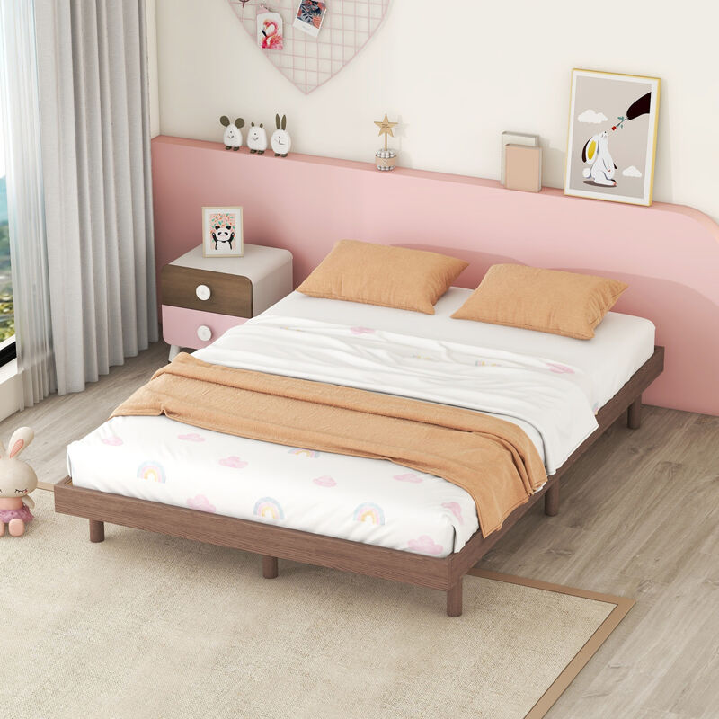 Modern Design Full Floating Platform Bed Frame For Walnut Color