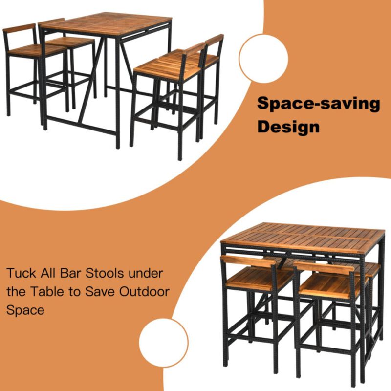 Hivvago 5 Pieces Outdoor Acacia Wood and PE Rattan Bar Set