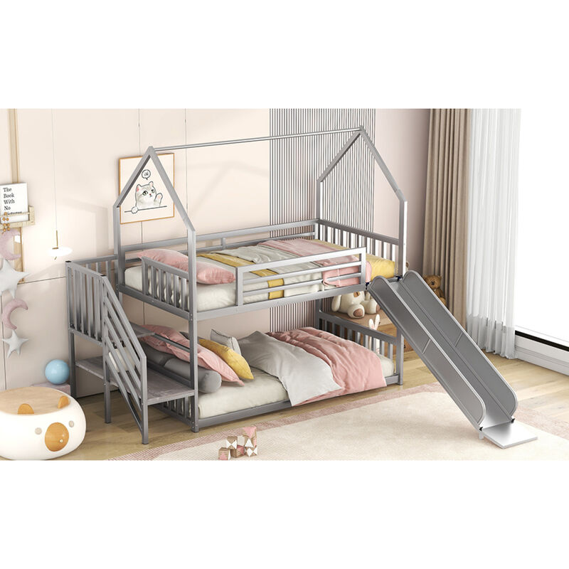 Twin Over Twin Metal Bunk Bed House Bed With Slide And Staircase, Silver