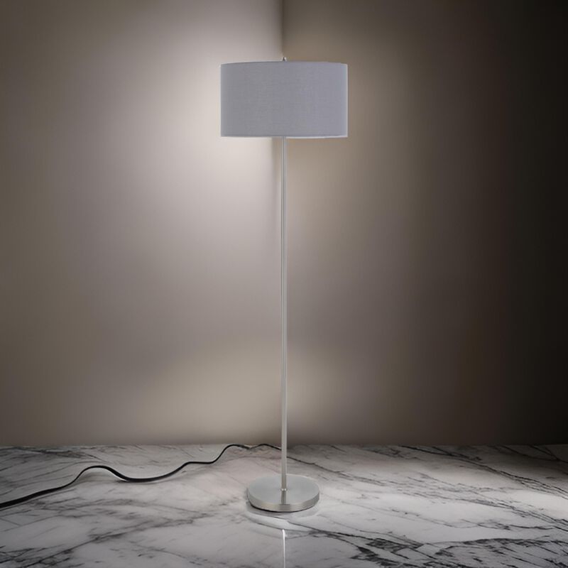 Sie 59 Inch Floor Lamp, Gray Linen Shade, Round Base, Silver Metal Pole - Benzara