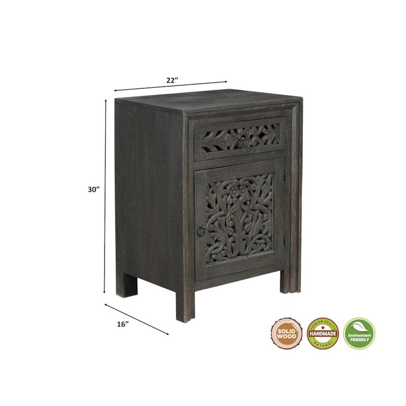 Taran Designs Calista 1-drawer 1-door Floral Carved Solid Wood Nightstand