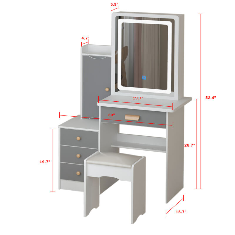 4-Drawers Wood Makeup Vanity Sets Dressing Table Sets in White with Stool, Mirror, LED Light and Storage Shelves
