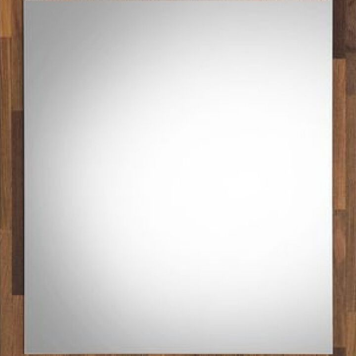 32 Inch Wall Mirror, Rectangular Portrait Plank Wood Frame, Walnut Brown-Benzara