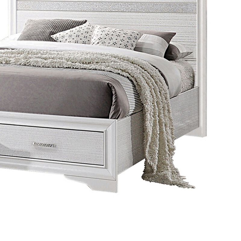 Contemporary Queen Bed with Drawers and Glittering Stripes, White-Benzara