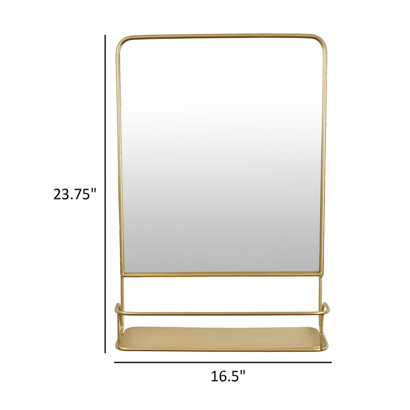 Rectangular Wall Mirror Decoration with Shelf, 17 x 24, Gold Metal - Benzara
