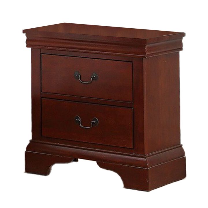 2 Drawer Wooden Nightstand with Panel Bracket Feet, Cherry Brown-Benzara