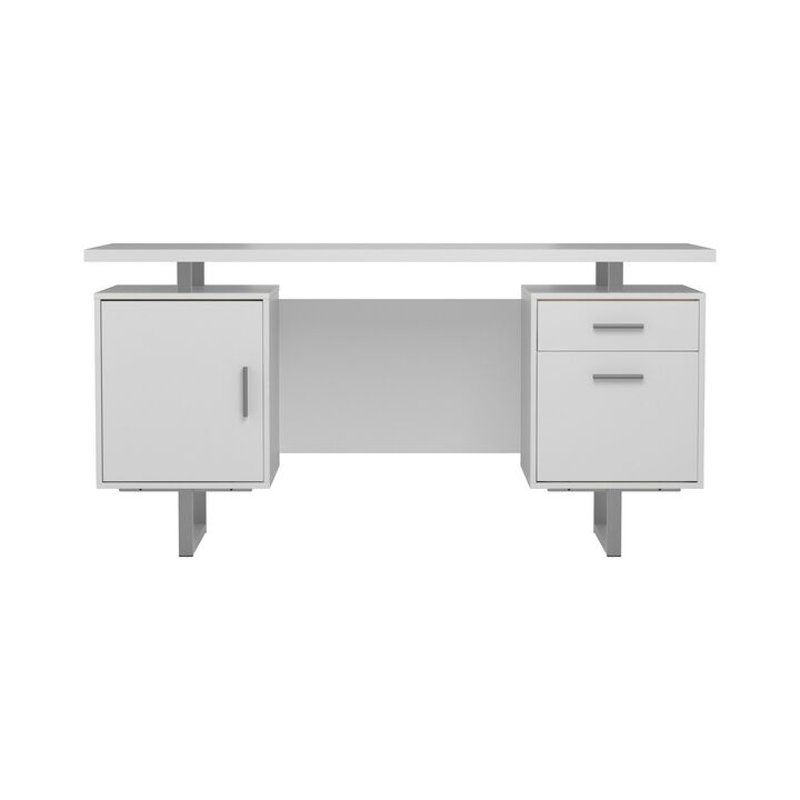 Wooden Office Desk with Floating Top and File Cabinet, White-Benzara