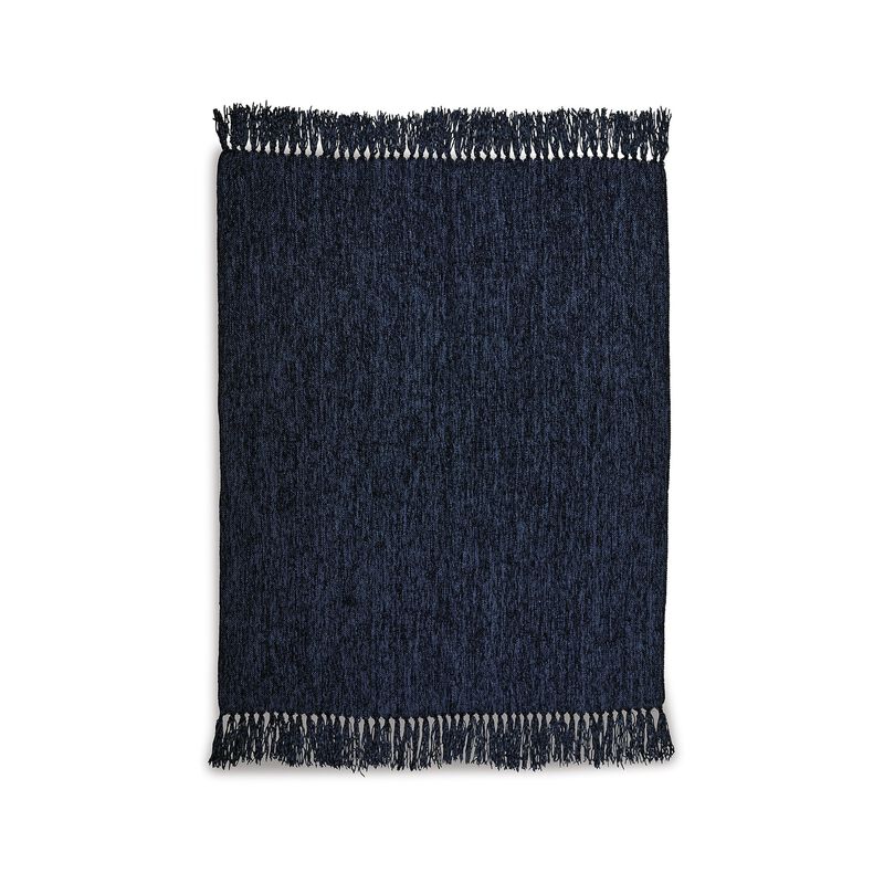 Emily Throw Blanket Set of 3, Textured Woven Knotted Fringe, Dark Blue - Benzara